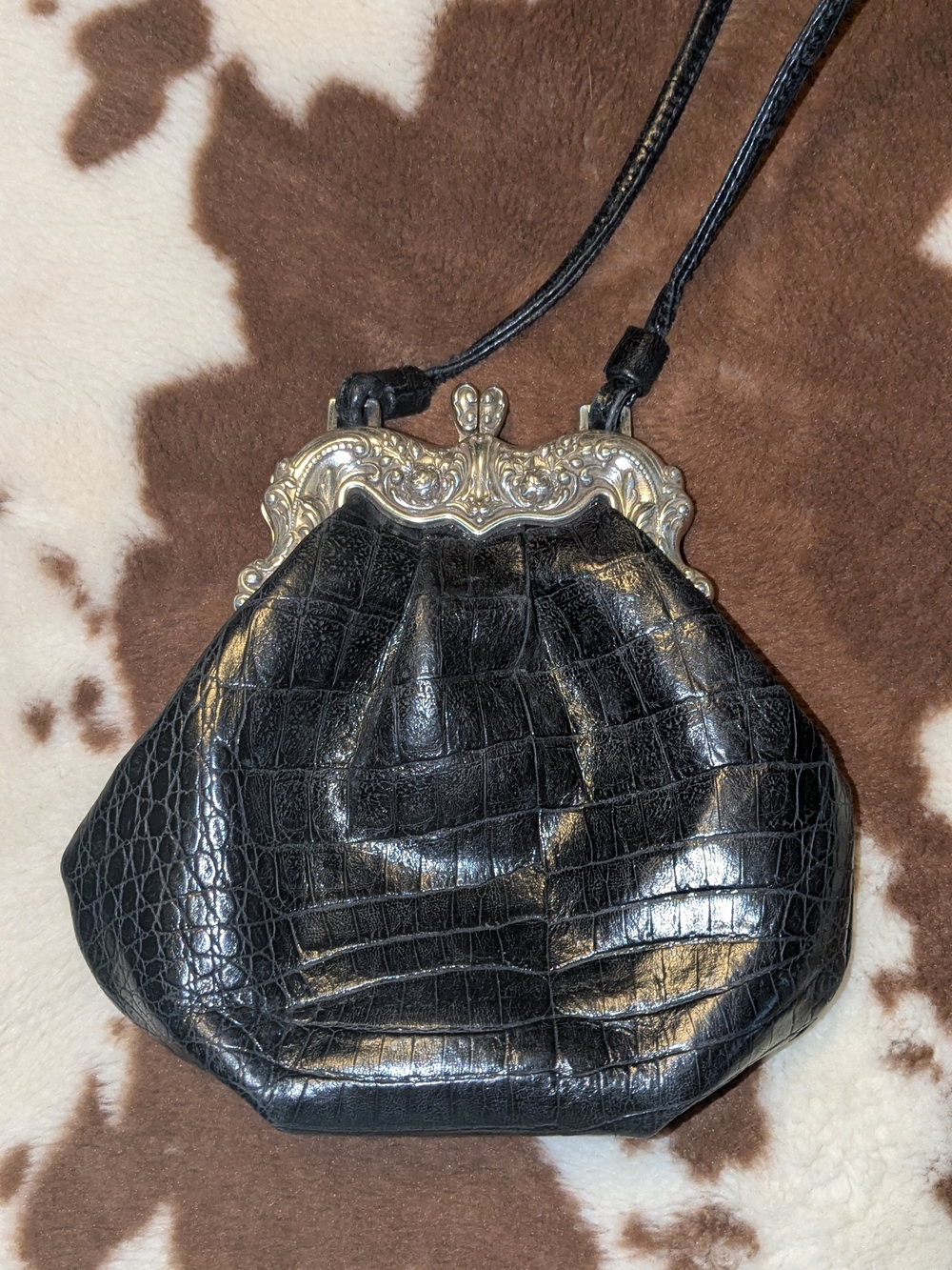 Brighton Black Croc-Embossed Crossbody Kiss Lock Silver Framed
